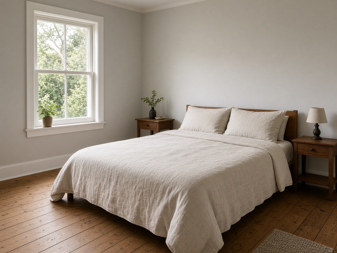 A queen bed in a small New Zealand bedroom with walking space on both sides