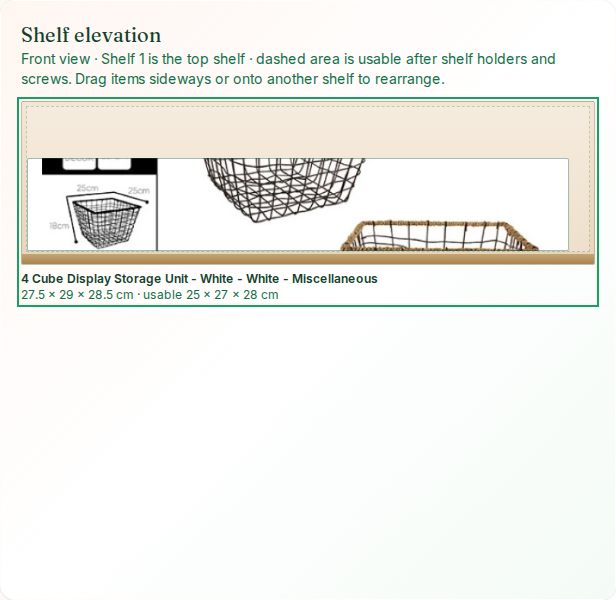 Two-dimensional shelf elevation in Plan your storage with a 27.5 by 29 by 28.5 centimetre cube and a Brantly basket inside it