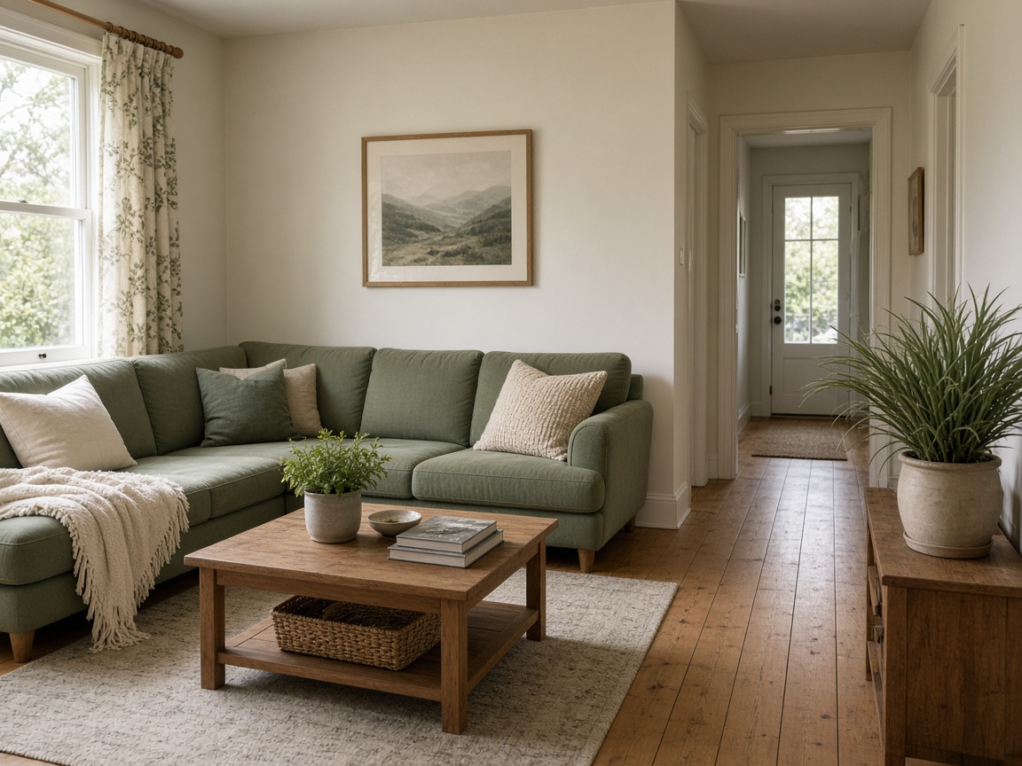 A compact New Zealand lounge with a sofa along one wall and walking space in front of it